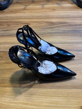 NWT Zara Black Patent Pointed Slingback Heels with Ankle Straps